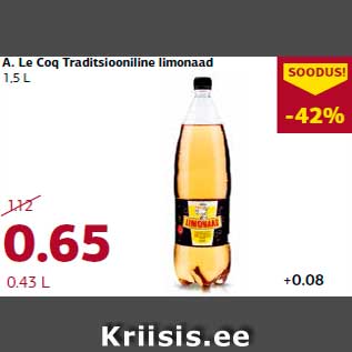 Allahindlus - A. Le Coq Traditsiooniline limonaad 1,5 L