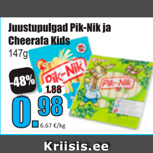 Allahindlus - Juustupulgad Pik-Nik ja Cheerafa Kids 147g