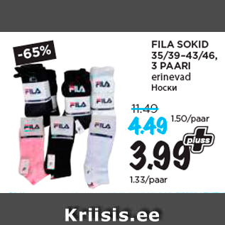 Allahindlus - FILA SOKID 35/39–43/46, 3 PAARI