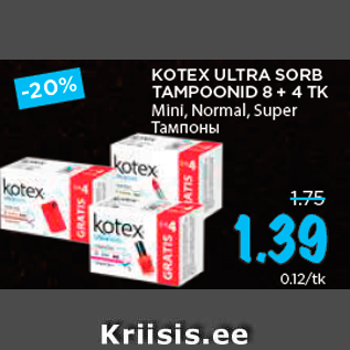 Allahindlus - KOTEX ULTRA SORB TAMPOONID 8 + 4 TK