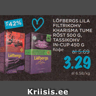 Allahindlus - LÖFBERGS LILA FILTRIKOHV KHARISMA TUME RÖST 500 G, TASSIKOHV IN-CUP 450 G