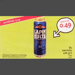 Allahindlus - Õlu Lapin Kulta, 4,5%, 50 cl