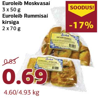 Allahindlus - Euroleib Moskvasai 3 x 50 g Euroleib Rummisai kirsiga 2 x 70 g