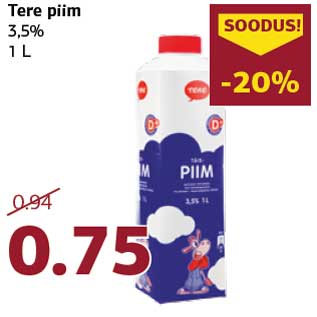 Allahindlus - Tere piim 3,5% 1 L