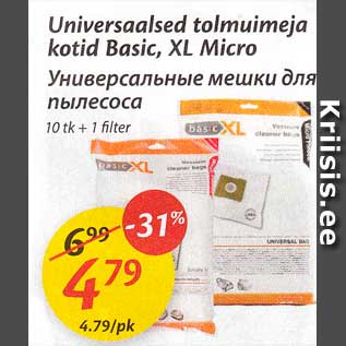 Allahindlus - Universaalsed tolmuimeja kotid Basic, XL Micro