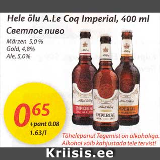 Allahindlus - Hele õlu A.Le Cog Imperial, 400 ml