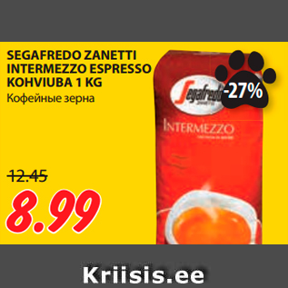 Allahindlus - SEGAFREDO ZANETTI INTERMEZZO ESPRESSO KOHVIUBA 1 KG