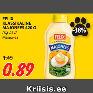 Allahindlus - FELIX KLASSIKALINE MAJONEES 420 G