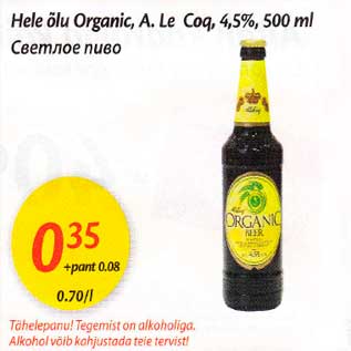 Allahindlus - Hele õlu Organic, A. Le Coq,4,5%, 500 ml