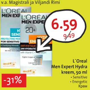 Allahindlus - L`Oreal Men Expert Hydra kreem, 50 ml • Sensitive • Energetic