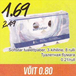 Allahindlus - Softstar tualettpaber, 3-kihiline, 8 rulli