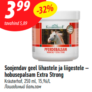 Allahindlus - Soojendav geel lihastele ja liigestele – hobusepalsam Extra Strong