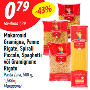 Allahindlus - Makaronid Gramigna, Penne Rigate, Spirali Piccole, Spaghetti või Gramignone Rigato