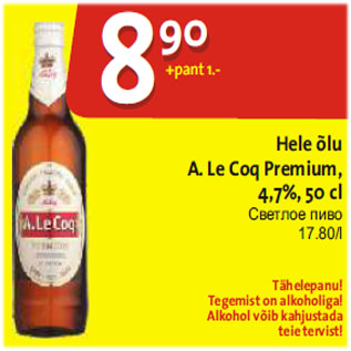 Allahindlus - Hele õlu A.Le Coq Premium, 4,7%, 50 cl