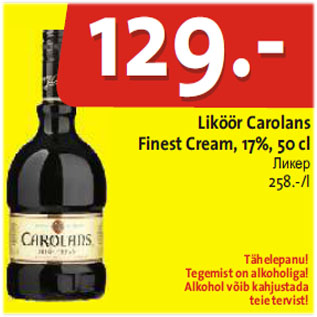 Allahindlus - Liköör Carolans Finest Cream, 17%, 50 cl