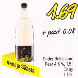 Allahindlus - Siider Bellissimo Pear 4,5%, 1,5 l