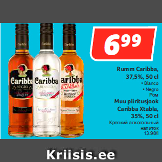 Allahindlus - Rumm Caribba, 37,5%, 50 cl • Blanco • Negro; Muu piiritusjook Caribba Xtabla, 35%, 50 cl