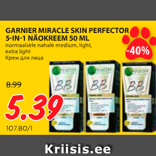 Allahindlus - GARNIER MIRACLE SKIN PERFECTOR 5-IN-1 NÄOKREEM 50 ML