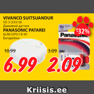 Allahindlus - VIVANCO SUITSUANDUR SD 3 (33510); PANASONIC PATAREI 6LR61EPS/1B 9V