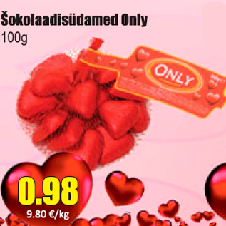 Allahindlus - Šokolaadisüdamed Only 100 g