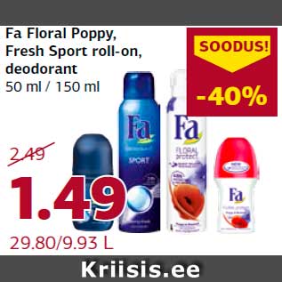 Allahindlus - Fa Floral Poppy, Fresh Sport roll-on, deodorant