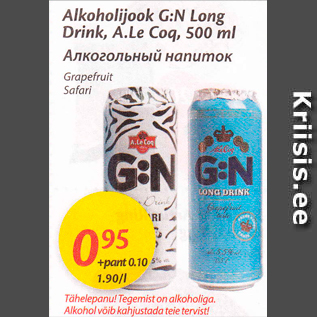 Allahindlus - Alkoholijook G;N Long Drink, A.Le Coq, 500 ml