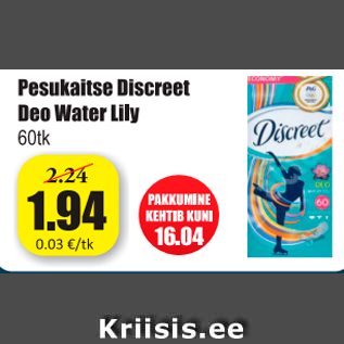 Allahindlus - Pesukaitse Diskreet Deo Water Lily, 60 tk