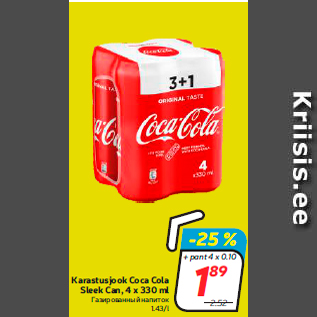 Allahindlus - Karastusjook Coca Cola Sleek Can, 4 x 330 ml