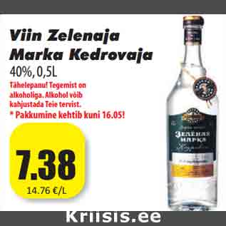 Allahindlus - Viin Zelenaja Marka Kedrovaja 40%, 0,5L