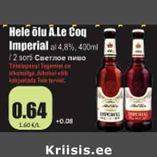 Allahindlus - Hele õlu A.Le Cog Imperial al 4,8%,400ml