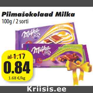 Allahindlus - Piimašokolaad Milka 100g / 2 sorti