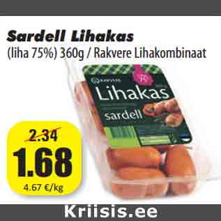 Allahindlus - Sardell Lihakas (liha 75%) 360g / Rakvere Lihakombinaat