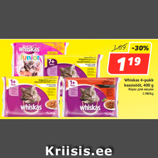 Allahindlus - Whiskas 4-pakk kassisööt, 400 g