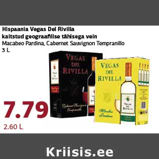 Allahindlus - Hispaania Vegas Del Rivilla kaitstud geograafilise tähisega vein Macabeo Pardina, Cabernet Sauvignon Tempranillo 3 L