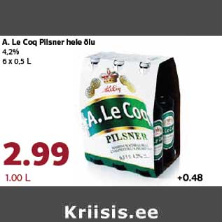 Allahindlus - A. Le Coq Pilsner hele õlu 4,2% 6 x 0,5 L