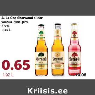 Allahindlus - A. Le Coq Sherwood siider vaarika, õuna, pirni 4,5% 0,33 L