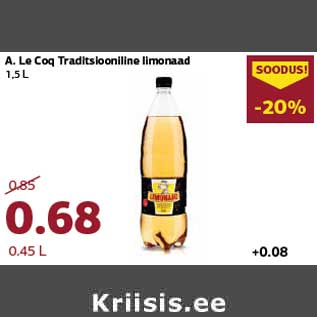 Allahindlus - A. Le Coq Traditsiooniline limonaad 1,5 L