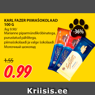 Allahindlus - KARL FAZER PIIMAŠOKOLAAD 100 G