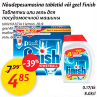 Allahindlus - Nõudepesumasina tabletid või geel Finish tabletid All in 1 lemon,28tk geel All in 1 lemon,600ml