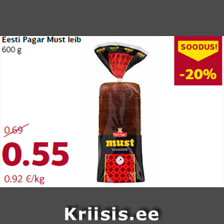 Allahindlus - Eesti Pagar Must leib 600 g