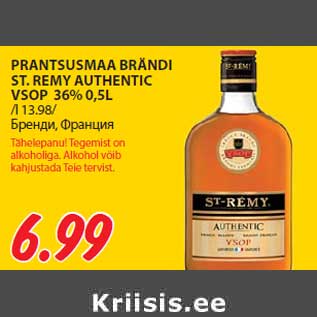 Allahindlus - PRANTSUSMAA BRÄNDI ST. REMY AUTHENTIC VSOP 36% 0,5L