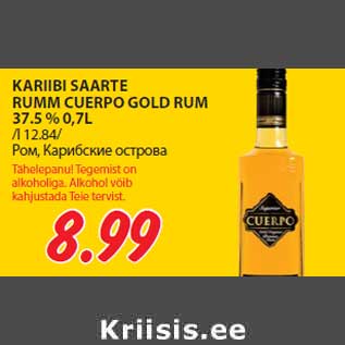 Allahindlus - KARIIBI SAARTE RUMM CUERPO GOLD RUM 37.5 % 0,7L