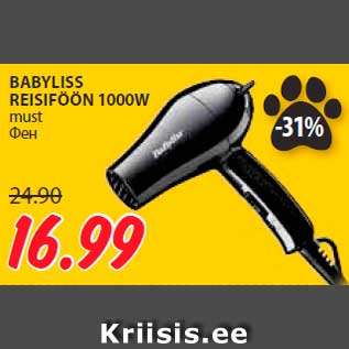 Allahindlus - BABYLISS REISIFÖÖN 1000W