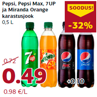 Allahindlus - Pepsi, Pepsi Max, 7UP ja Miranda Orange karastusjook 0,5 L