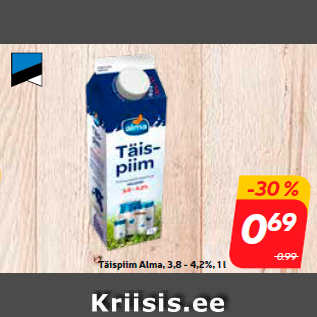 Allahindlus - Täispiim Alma, 3,8 - 4,2%, 1 l