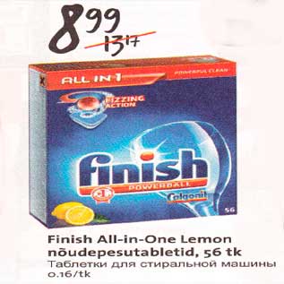 Allahindlus - Finish All-in-One Lemon nõudepesutabletid,56 tk
