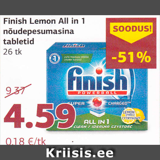 Allahindlus - Finish Lemon All in 1 nõudepesumasina tabletid 26 tk