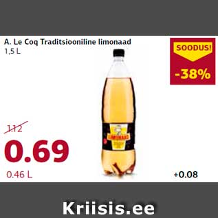 Allahindlus - A. Le Coq Traditsiooniline limonaad 1,5 L