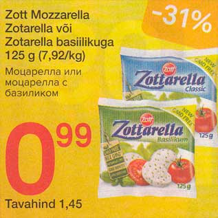 Allahindlus - Zott Mozzarella Zotarella või Zotarella basiilikuga 125 g