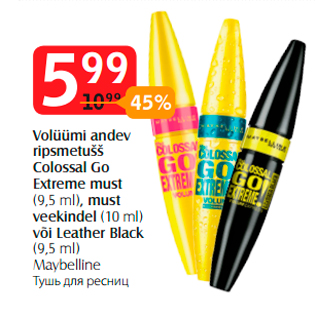 Allahindlus - Volüümi andev ripsmetušš Colossal Go Extreme must (9,5 ml), must veekindel (10 ml) või Leather Black (9,5 ml)